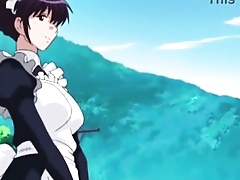 Busty hentai maid gives a lusty blowjob at hand her skillful