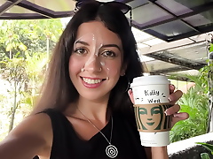 Blowjob in a Public Toilet Starbucks and Cumwalk - She drinks coffee with cum on light among people