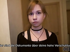 A vulnerable teen debtor brutally pays for her debts with her devoted mouth added to vagina.